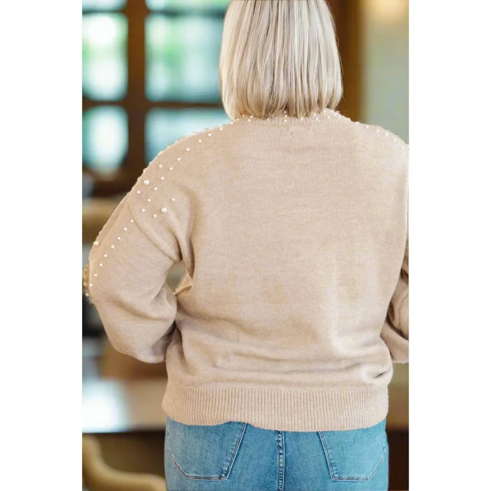 Pearl Embellished Dressy Sweater in Beige - Picture 3 of 4